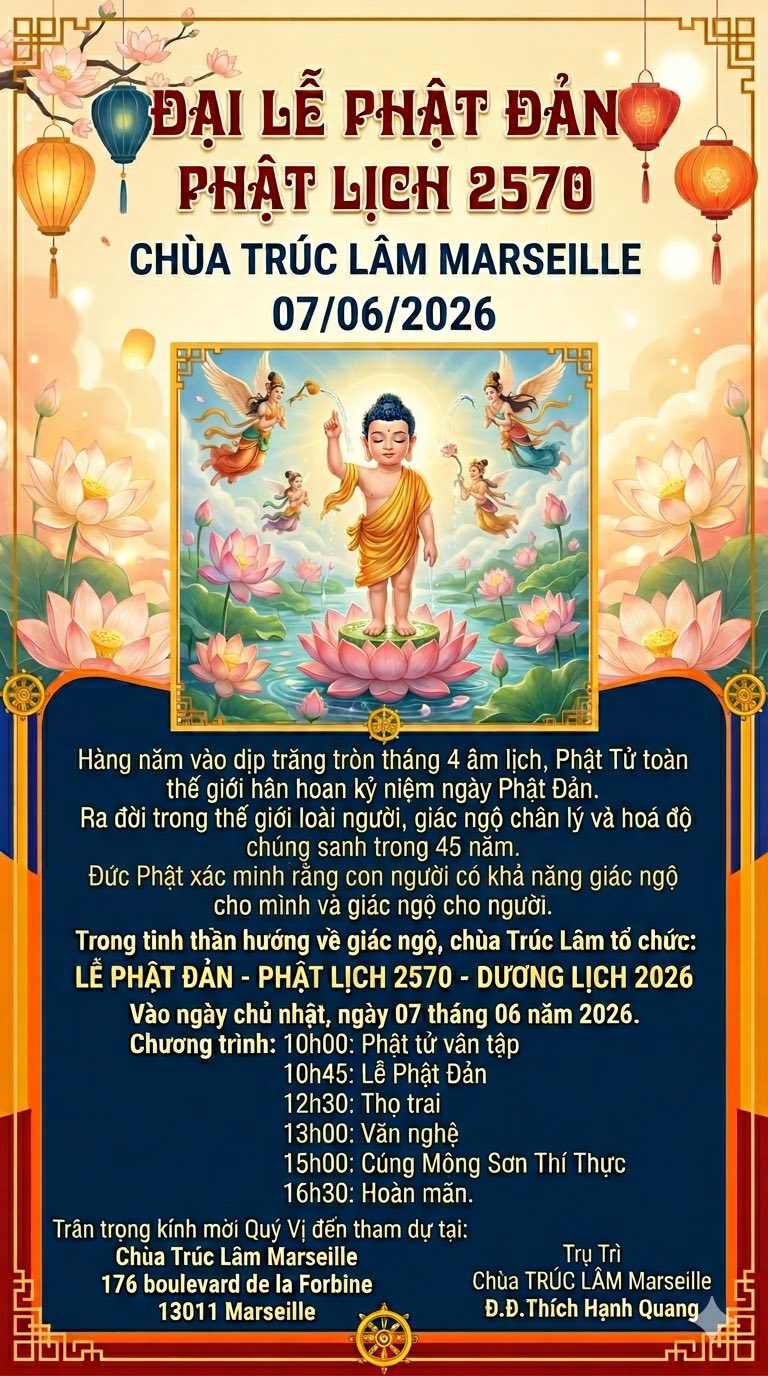 ĐẠI LỄ PHẬT ĐẢN PHẬT LỊCH 2570 CHÙA TRÚC LÂM MARSEILLE 07/06/2026