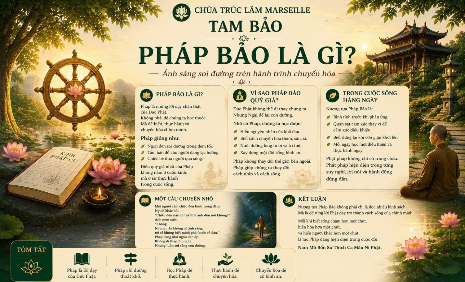 "Kinh sách có thể đặt trên bàn. Chỉ khi lời Phật dạy được thực hành trong cuộc sống, Pháp mới thật sự sống trong tim mỗi người."